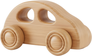 A smooth light wood toy car with rounded edges and two circular window cutouts featuring distinct wood grain textures wooden toy car automobile vehicle play childhood retro transparent background
