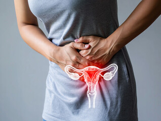 Uterine Cancer | Cervical Tumor Treatment Woman holding abdomen with glowing uterus and ovaries