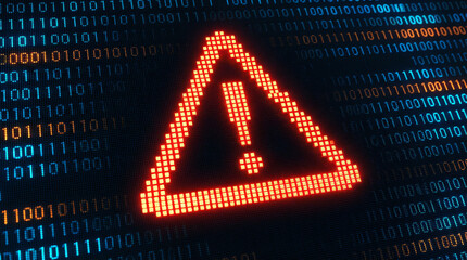 Digital red warning triangle with exclamation mark on a binary code background, symbolizing cybersecurity alert or computer system error message