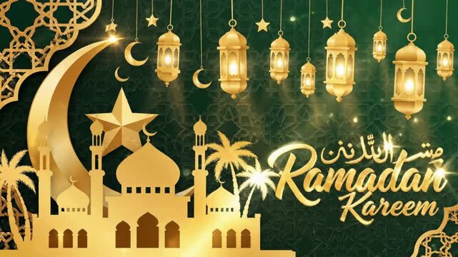 Ramadan kareem motion graphics video with golden crescent moon and lanterns hanging over green islamic pattern background for holiday