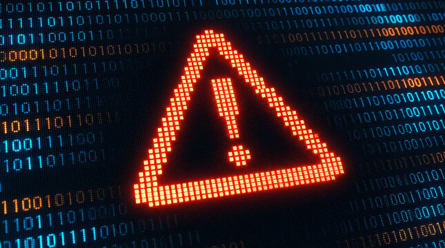 Digital red warning triangle with exclamation mark on a binary code background, symbolizing cybersecurity alert or computer system error message - Powered by Adobe