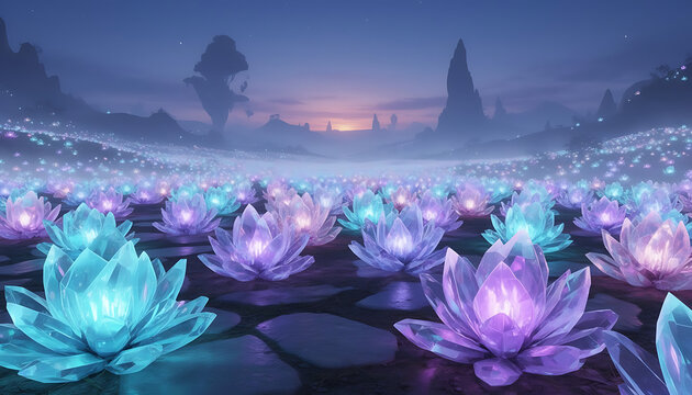 Glowing Crystal Flowers in a Mystical Landscape at Twilight with Dramatic Mountain Silhouettes - Powered by Adobe