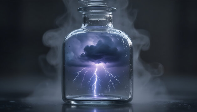 Storm in a Bottle Conceptual Image Representing Capturing Energy or Ideas with Dramatic Lighting