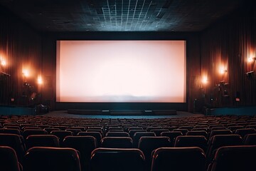 Fototapeta premium Auditorium view, showcasing the screen and tiered seating rows, lit softly for atmosphere