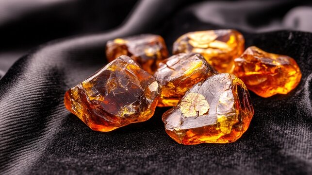 copal. Several raw amber copal resin pieces on black velvet with ancient inclusions. gardening catalogs, home-decor guides, designed for home decor and floral branding, used by video editors.