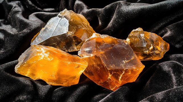 copal. Several raw amber copal resin pieces on black velvet with ancient inclusions. gardening catalogs, home-decor guides, designed for home decor and floral branding, used by video editors.