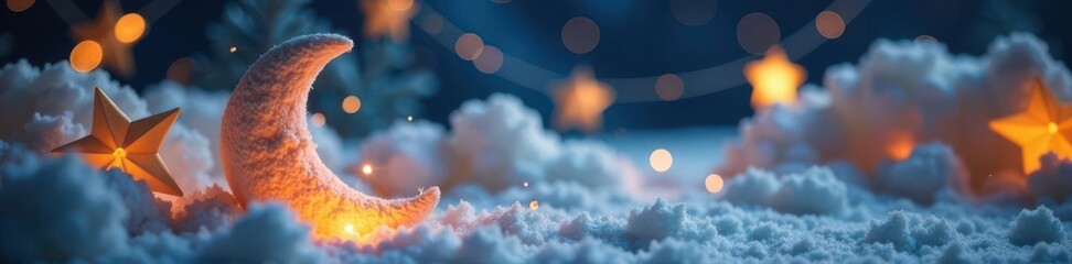 Close up soft plush crescent moon and star garland, garland, decoration