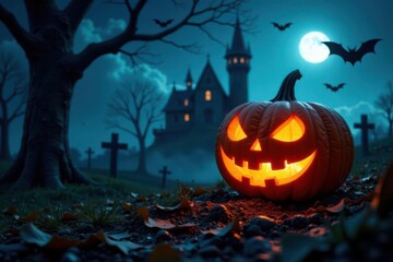 Fiery pumpkin in castle graveyard, bats swarming, moonlit night , eerie, creepy, fire