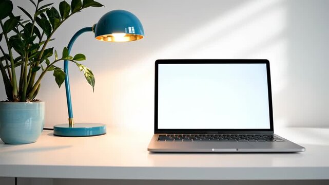 A laptop computer with a blank screen sits on a white desk next to a blue lamp and a potted plant