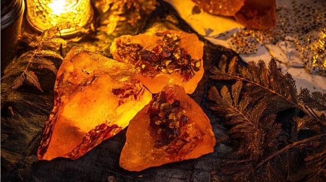 copal. Several raw amber copal resin pieces on black velvet with ancient inclusions. gardening catalogs, home-decor guides, designed for home decor and floral branding, used by video editors.