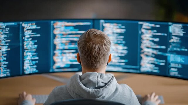 Coding Architect: An individual engrossed in coding, their focus mirrored in the illuminated screens, reflecting the intricate world of technology and software development.