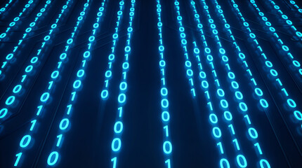 Glowing blue binary code streams vertically against a dark background, symbolizing digital data flow and computer programming in a futuristic tech environment