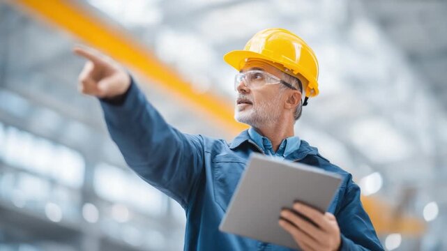 Production Supervisor: a diligent supervisor in a hardhat is reviewing production in a spacious, modern facility