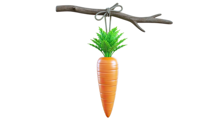 Carrot hanging from a tree branch with rope