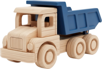 Detailed view of a classic wooden toy dump truck with a blue cargo bed and natural wood finish showcasing its construction childrens toy classic toy vehicle construction toy transparent background