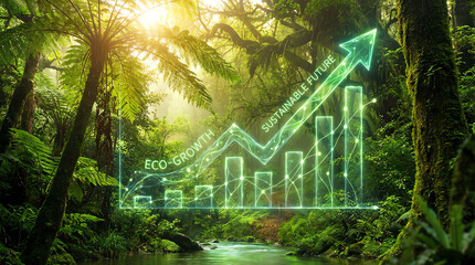 Lush rainforest with sunlight filtering through trees, overlaid with a glowing digital chart illustrating eco-growth and a sustainable future through rising bars and an upward arrow