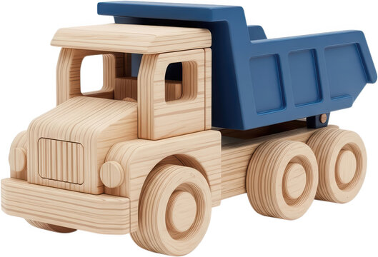 Detailed view of a classic wooden toy dump truck with a blue cargo bed and natural wood finish showcasing its construction childrens toy classic toy vehicle construction toy transparent background - Powered by Adobe