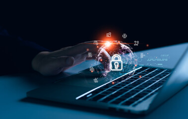 Cybersecurity dashboard interface showing data protection, man login and network technology, digital padlock security systems, privacy controls.