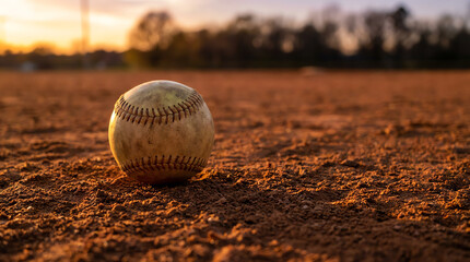 A worn baseball rests on a dirt field with a blurred background of trees and a warm sunset sky, casting a long shadow across the textured ground