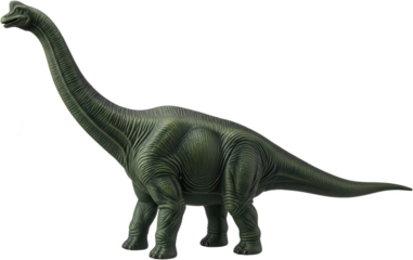 Detailed realistic green dinosaur toy figure with long neck and tail standing on four legs prehistoric reptile ancient jurassic fantasy creature animal wild nature ancient world transparent background