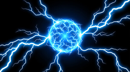 Bright blue electric lightning bolts radiate from a glowing central sphere against a dark background, illustrating intense energy and dynamic power flow
