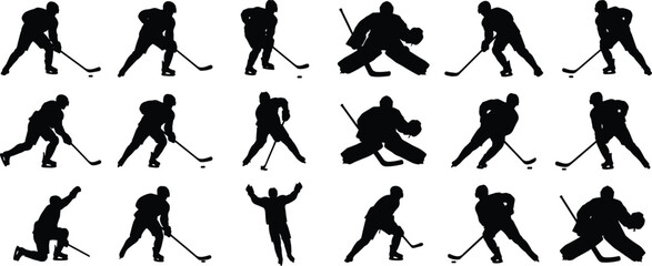 Set of ice hockey player silhouettes showing skating shooting passing goalie celebration poses isolated on white background vector illustration design © MD SHAHARIR