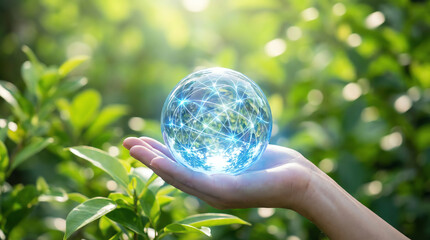 Hand holding a glowing digital globe with interconnected lines, symbolizing global connectivity and technology, against a blurred green natural background
