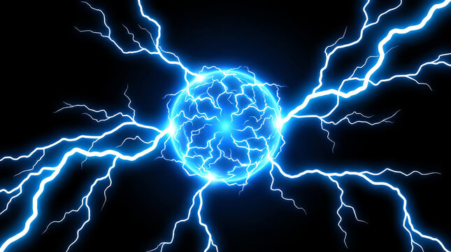 Bright blue electric lightning bolts radiate from a glowing central sphere against a dark background, illustrating intense energy and dynamic power flow