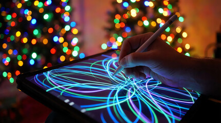 A hand uses a stylus to draw vibrant neon blue and purple light trails on a tablet, with colorful blurred lights in the background creating a festive atmosphere