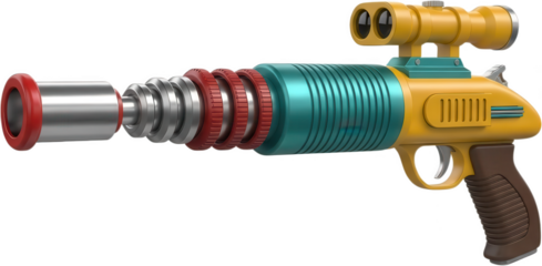 Retro science fiction ray gun with bright yellow body teal barrel red accents metallic details and dual lens scope 176 characters sci fi vintage futuristic weapon toy pistol transparent background