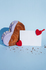 Sample template mockup greeting card Delicious fresh croissant topped with colorful flavor Ganache. Creation unique heart shape bakery. Puff pastry holiday love gift present idea Valentine's day. Copy