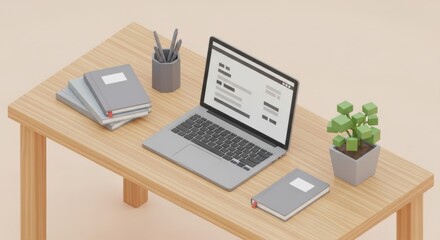 Naklejka premium A clean 3D isometric illustration of a wooden office desk featuring a laptop with a report on screen, stacks of notebooks, a pen holder, and a small potted plant.