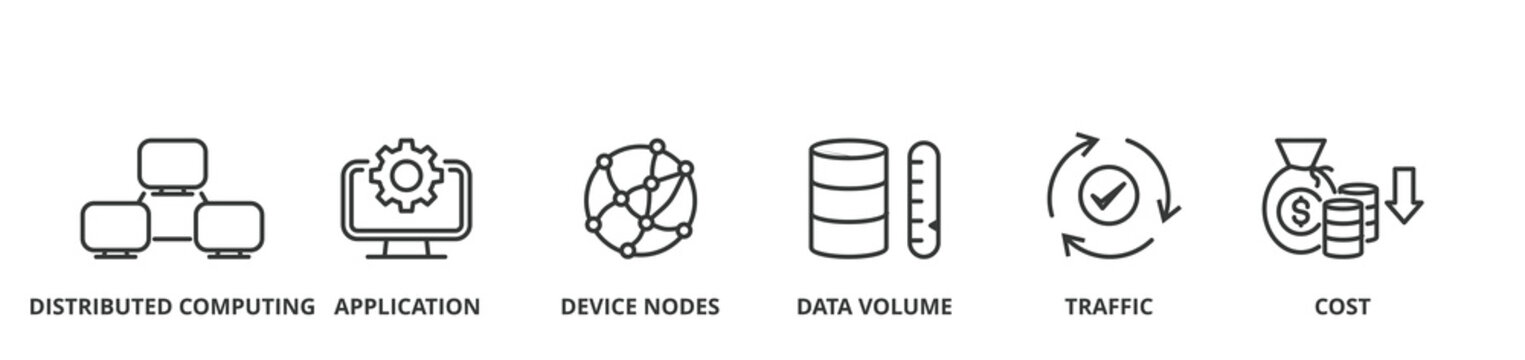 Edge computing banner vector illustration concept with icon of distributed computing, application, device nodes, data volume, traffic and reduce costs