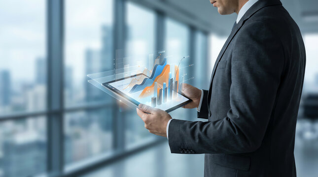 Businessman holding tablet with 3D holographic graphs and charts in modern office with blurred city background - Powered by Adobe