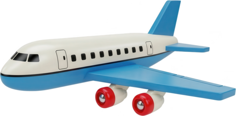 A stylized toy airplane with blue wings and tail white fuselage and red engine accents presented as a clean 3D render aircraft travel transportation vehicle jet aviation flight transparent background