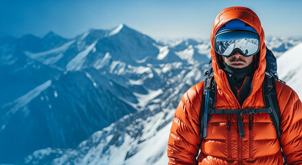 Adventurous man in bright orange jacket stands on snowy mountain peak, surrounded by breathtaking alpine scenery, embodying the spirit of travel and renewal