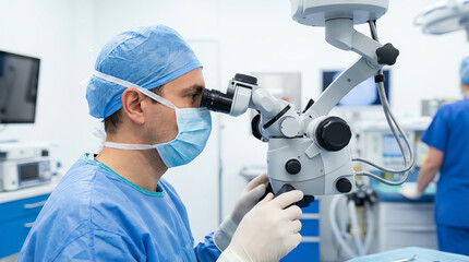 A surgeon in blue scrubs and mask operates a high-tech microscope in a modern medical facility, focusing intently on a delicate procedure