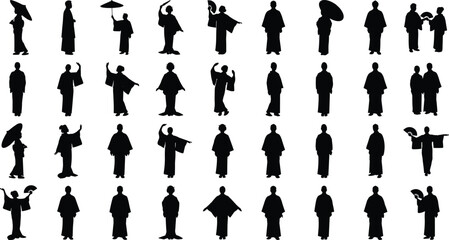 Traditional Japanese people silhouette collection wearing kimono with fans and umbrellas isolated on white background, black vector illustration cultural design