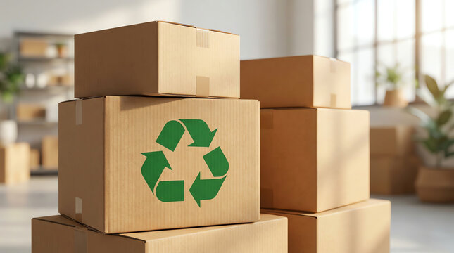 Cardboard boxes stacked indoors, with one prominently displaying a green recycling symbol, highlighting eco-friendly packaging and sustainable shipping practices in a bright, organized space