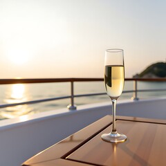 Obraz premium Champagne flute on boat deck with sunset sea view luxury travel 