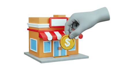 3D Illustration of a hand inserting a dollar coin into a storefront