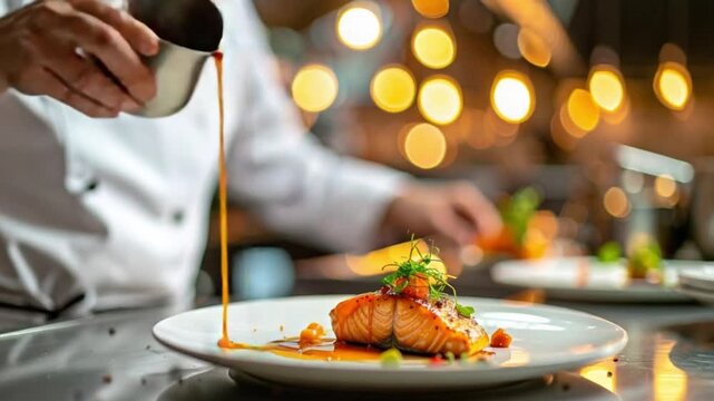 Chef plating gourmet salmon dish with sauce in a fine dining restaurant