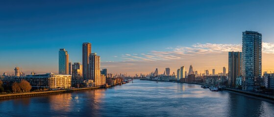 Obraz premium A scenic urban landscape features a wide river and towering skyscrapers under a serene, colorful sky