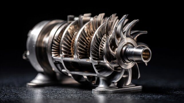 impeller. Polished metal cutaway model of a supercharger revealing internal blades on dark background. product launch decks.