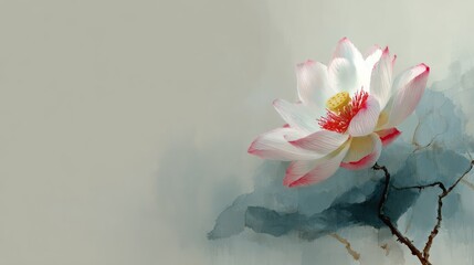 Pink and white lotus flower in full bloom, delicate petals against a blurred gray background