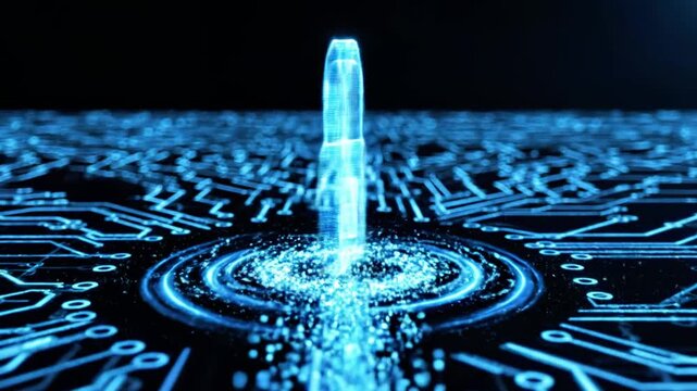 A glowing blue lock sits atop a radiant circuit board pattern on a dark background