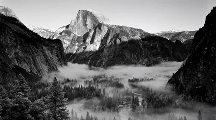 Fototapeten Yosemite Half Dome Yosemite Valley Foggy Forest River Black White  © Ayu