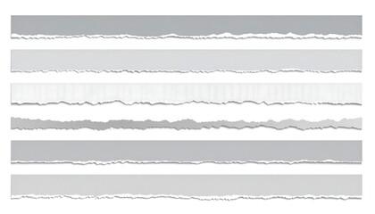 Obraz premium Several horizontal strips of paper with jagged, torn edges, in varying shades of gray and white, arranged on a white background