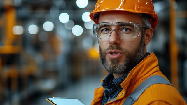 Industrious Overseer in Safety Gear: A focused construction worker stands, embodying confidence and expertise in a bright factory, meticulously monitoring project progress.  - Powered by Adobe