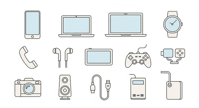 Rounded outline consumer electronics icon set modern flat vector design